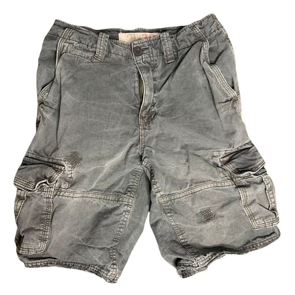 Denim Stone Washed Cargo Shorts 30 Grey Drawstring Button Zip Pockets Belt Loops